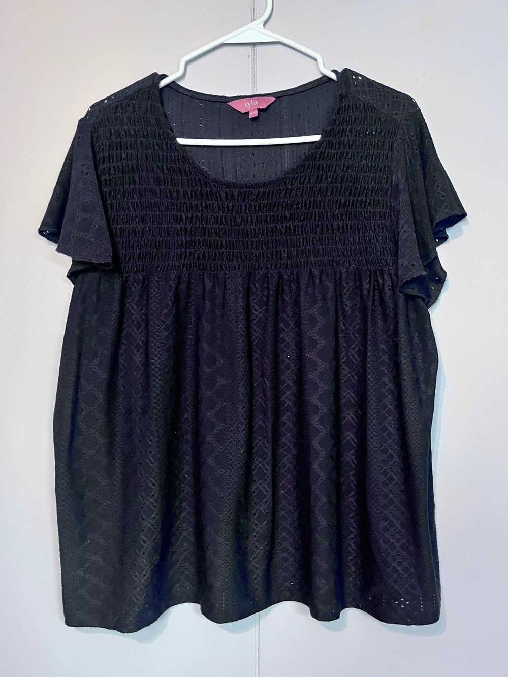 Iyla Black Eyelet Smocked Babydoll Top Flutter Sleeve XL